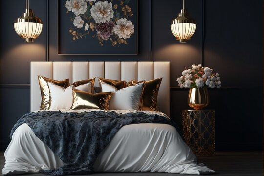 Schlafzimmer mit schönem Bett und Dekoration, ai generativ