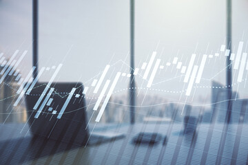 Abstract creative financial graph and modern desktop with pc on background, financial and trading...