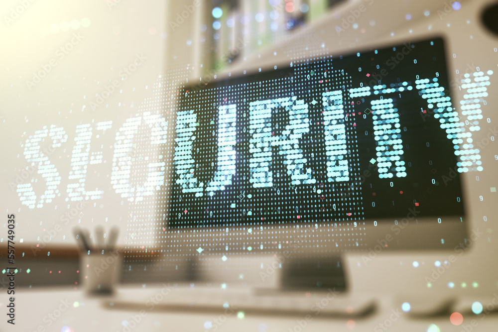 Poster cyber security creative concept and modern desktop with computer on background. double exposure