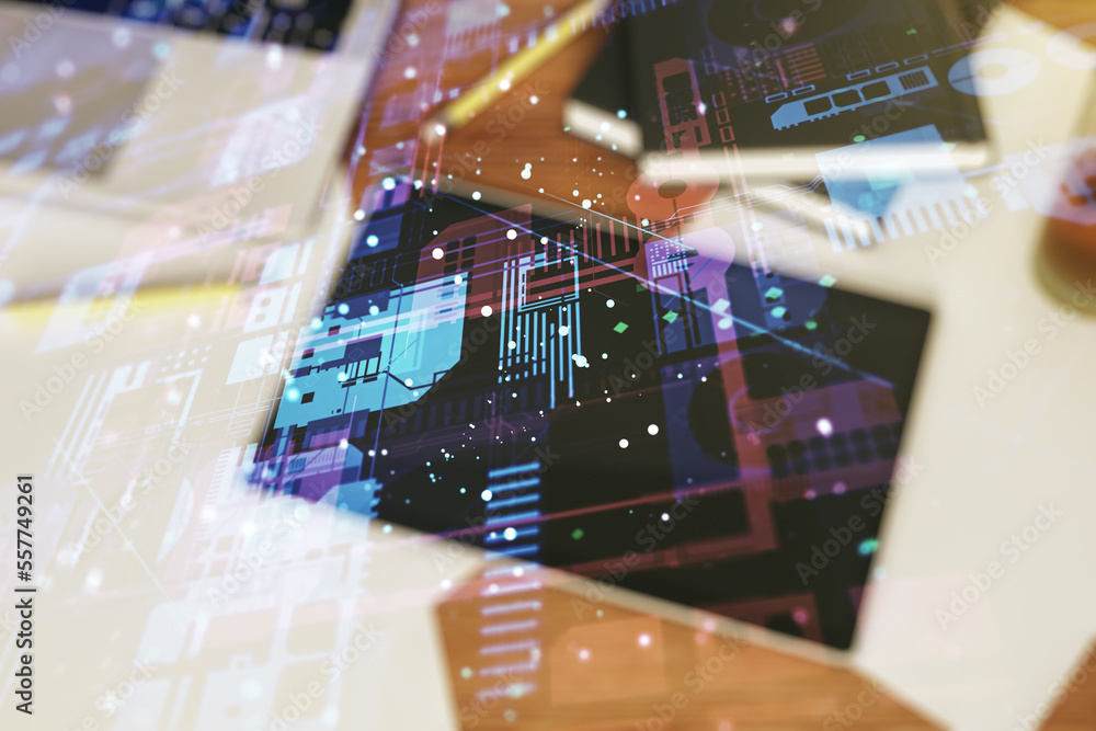 Aufkleber Double exposure of abstract programming language hologram and digital tablet on background, top view, research and development concept