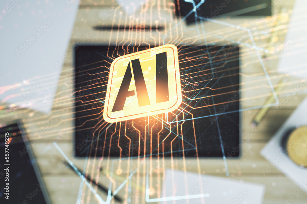 Poster double exposure of creative artificial intelligence icon and digital tablet on background, top view.