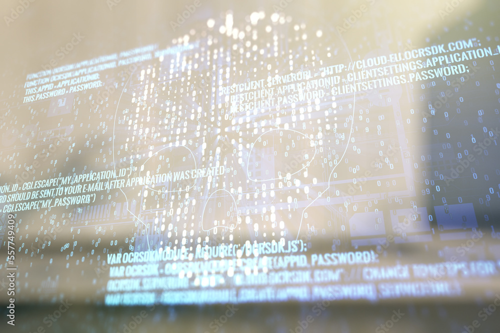 Poster double exposure of abstract virtual creative code skull hologram on modern business center exterior 
