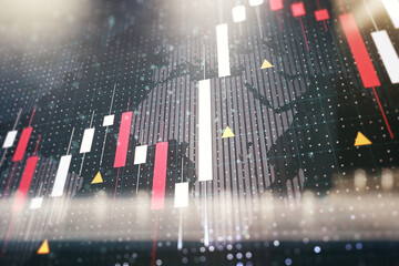 Multi exposure of virtual creative financial graph and world map on blurry modern office building background, forex and investment concept