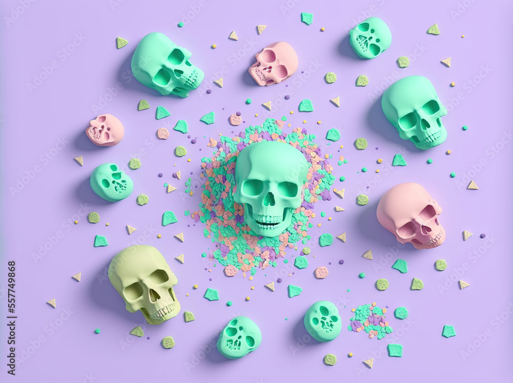 Poster a bunch of skulls and sprinkles on a purple background with a blue frame around them and a purple ba