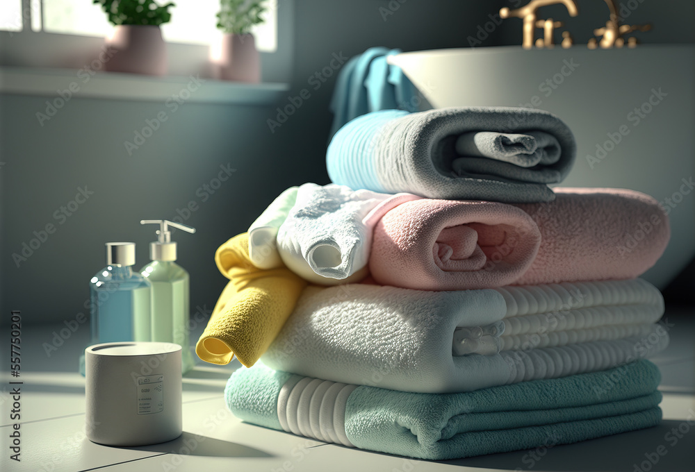 Poster a stack of towels sitting next to a bath tub and a soap dispenser on a counter., generative ai