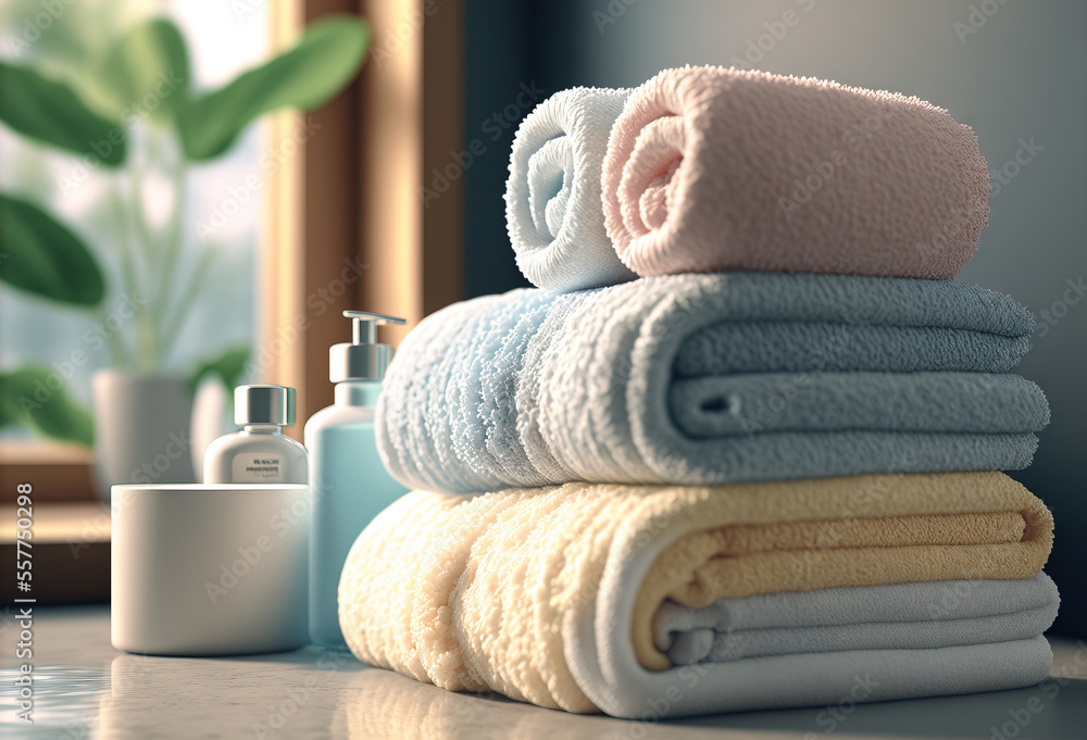 Poster a stack of towels and a bottle of lotion on a table next to a mirror and a plant., generative ai