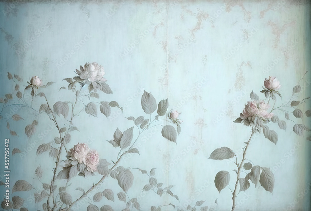 Poster a painting of flowers on a wall with a blue background and a faded frame with a faded edge to the bo