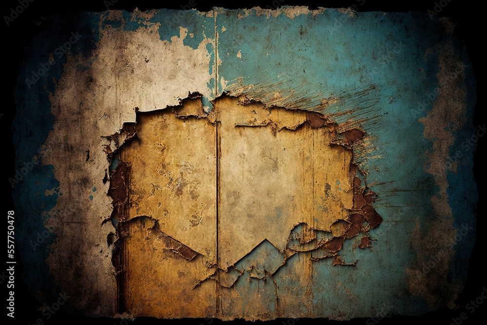 Poster a rusted metal plate with a hole in the middle of it and a blue background with a black border., gen