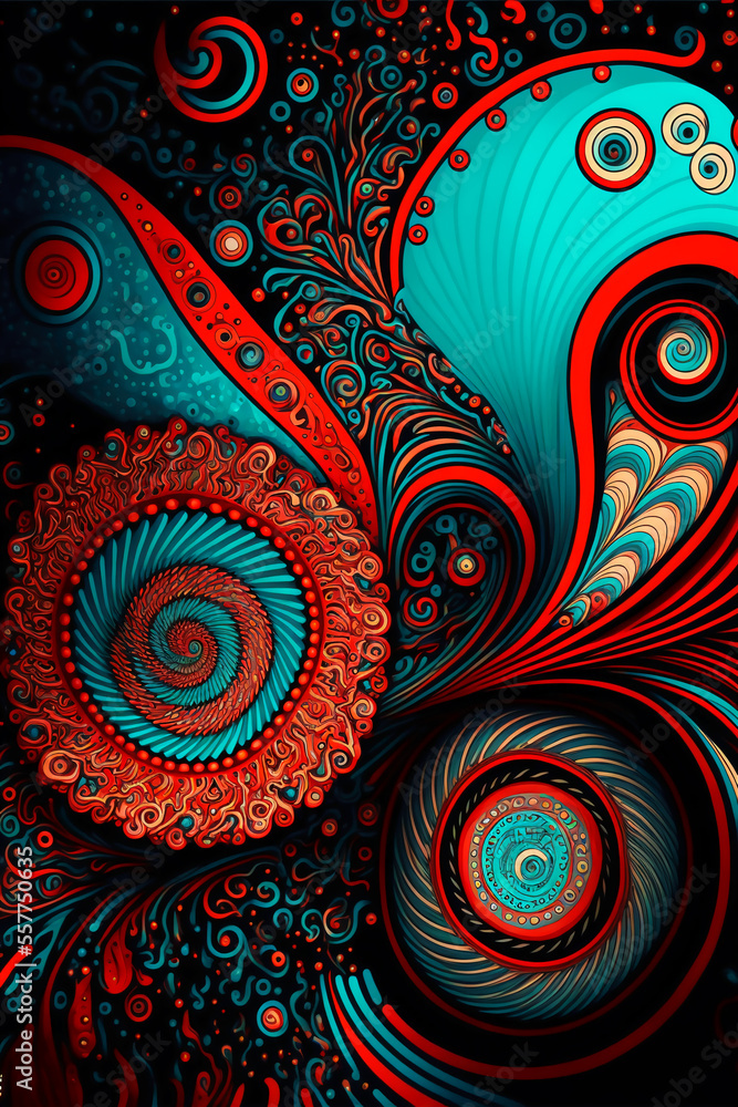 Poster abstract red and turquoise background with swirls. generative ai