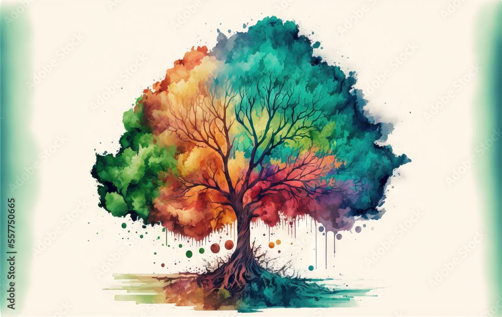 Aufkleber a colorful tree with lots of watercolor spots on it's branches and leaves on the tree's trunk., gene