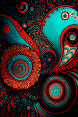 abstract red and turquoise background with swirls. Generative AI