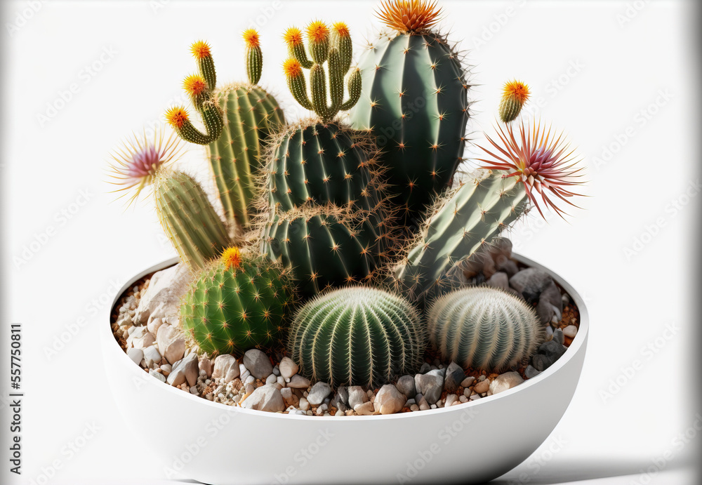 Poster a white bowl filled with lots of different types of cactuses and succulents in it's center., generat