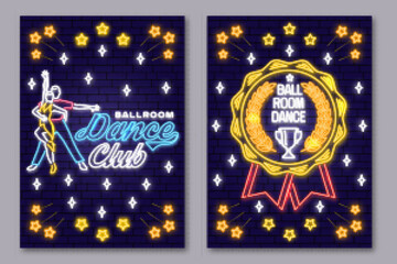 Set of Ballroom dance sport club Bright Neon Sign. Dance sport neon flyer, brochure, banner, poster with shoe, man and woman silhouette. Vector. Rumba, salsa, samba couples dancing ballroom style.