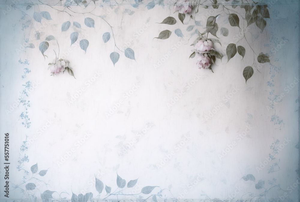 Poster a wall with a bunch of flowers on it and a blue frame around it with leaves on it and a blue border 