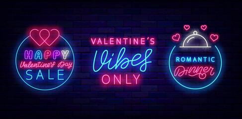 Valentines Day Sale neon labels collection. Romantic dinner. Valentines Vibes only. Heart icon. Vector illustration