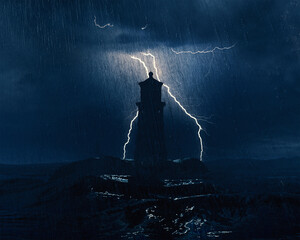 3d illustration of a lighthouse lit by lightning during a storm