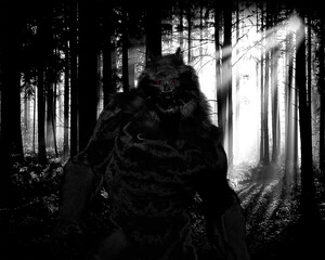 3d illustration of a Werewolf Dogman cryptid against a moody forest background