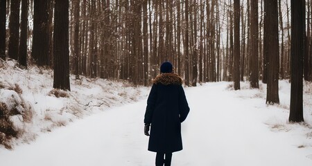 Naklejka premium person walking in winter forest, Generative AI