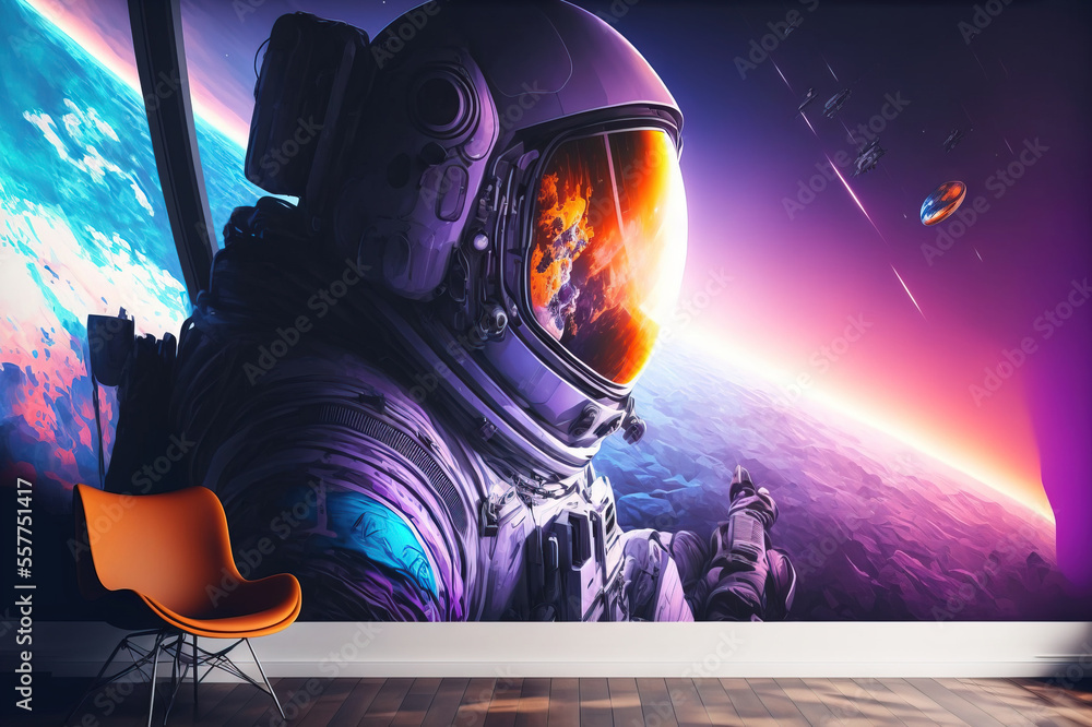 Poster a spaceman in a space suit is looking at the earth from a window with a view of the sun., generative