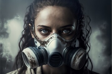 Fototapeta na wymiar Geschäftsfrau mit Atemschutz Maske gegen Corona Viren Ansteckung Nahaufnahme, ai generativ