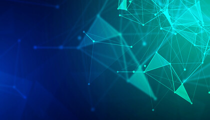 Digital technology speed connect blue green background, cyber polygonal information, abstract communication, innovation future tech, internet network connection, Ai big data, line dot illustration 3d