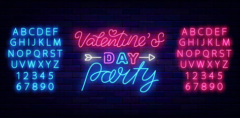 Valentines day party neon label. Shiny lettering with arrow. Luminous pink and blue alphabet. Vector illustration