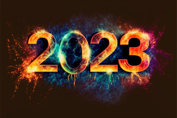 New Year, 2023, fun 3D effect, gold and color fireworks particles. Joyful and colorful logotype. For articles, banners or cards.