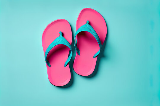 Pink flip flops or beach sandals, isolated on a blue backdrop. notion or. Generative AI