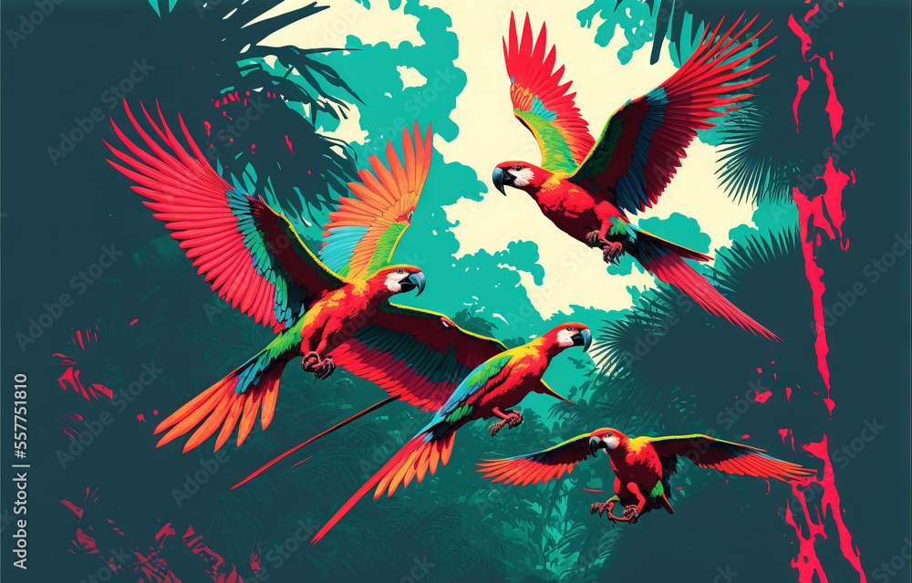 Poster a group of colorful parrots flying through the air over a forest of trees and palm trees in a painti