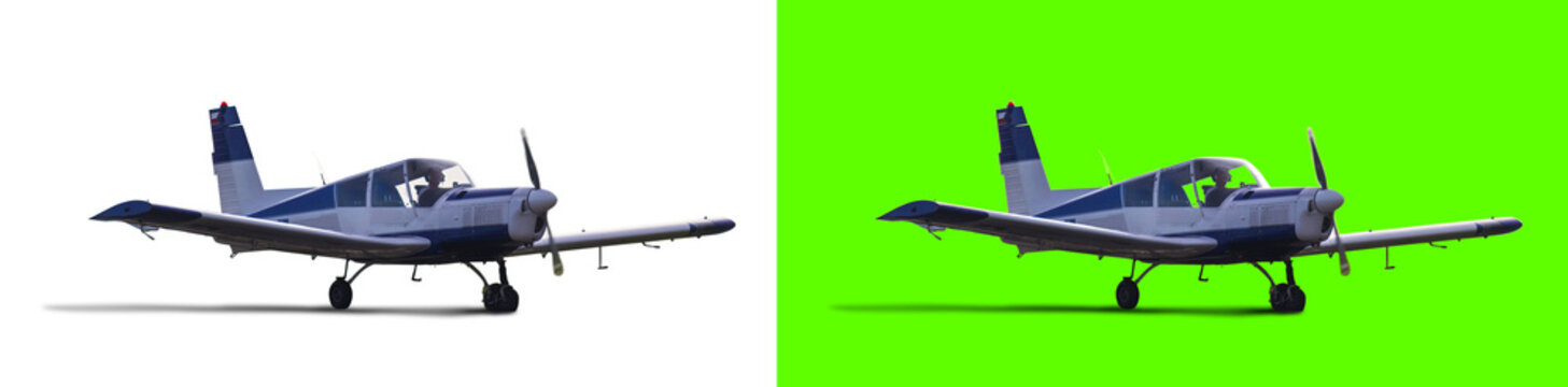 Ultralight plane cesna with pilot on ground, isolated on white and green screen