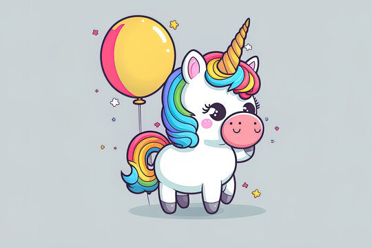 Cartoon symbol of a cute unicorn holding a moon balloon. christmas animal symbol idea, in a flat cartoon style. Generative AI