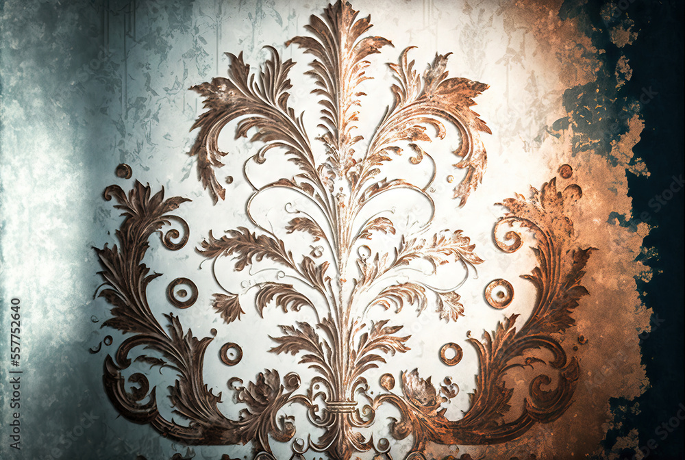 Poster a wall with a pattern on it in a room with a wall papered wall and a window with a curtain., generat