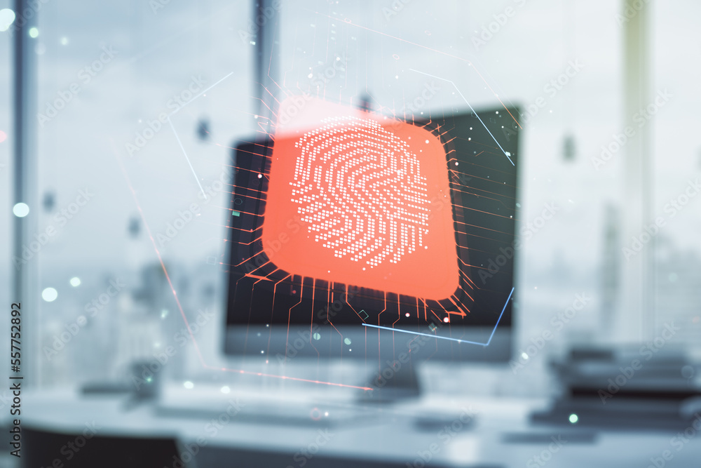 Poster Double exposure of abstract creative fingerprint hologram on computer background, protection of personal information concept