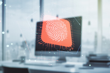 Double exposure of abstract creative fingerprint hologram on computer background, protection of personal information concept