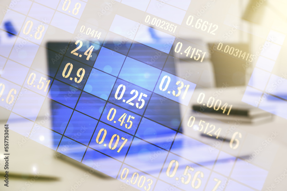 Poster double exposure of abstract creative statistics data hologram on computer background, analytics and 