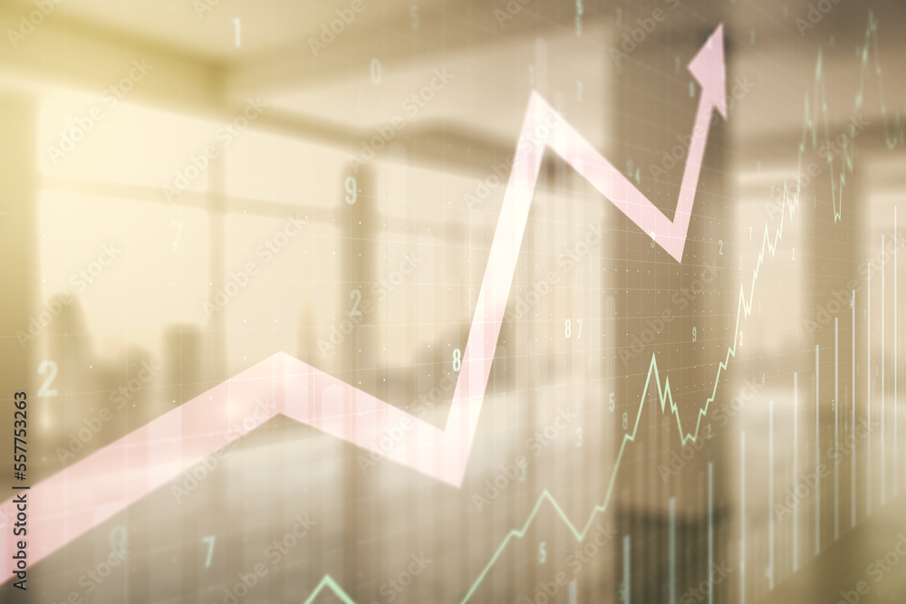 Poster multi exposure of virtual abstract financial chart and upward arrow interface on empty modern office