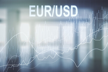 Abstract virtual EURO USD financial chart illustration on empty corporate office background. Trading and currency concept. Multiexposure