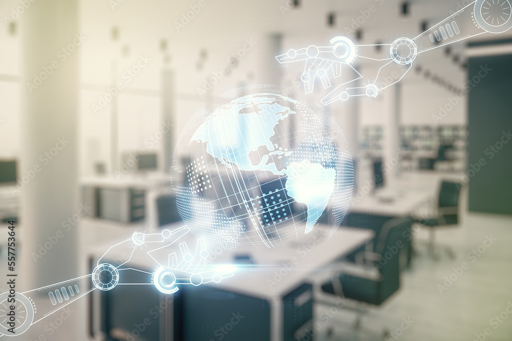 Poster abstract virtual robotics technology hologram with globe on a modern furnished classroom background,
