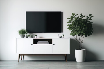 In the living room, a TV on a cabinet with a white plaster wall and a minimalist style is present. Generative AI