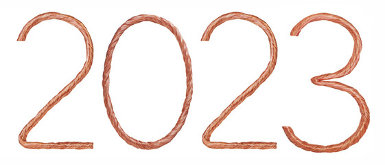 Obraz premium Number 2023 made of copper wire isolated on white background