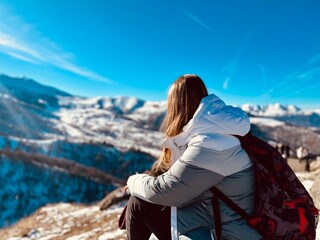 Naklejka premium girl sitting on a stone in snowy winter mountains