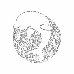 Single one curly line drawing of bottlenose dolphin abstract art. Continuous line draw graphic design vector illustration of intelligent mammal for icon, symbol, company logo, and pet lover club