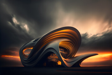 3D design of unlikely architecture. Modern and elegant lines. Curvilinear and surrealism. Generative AI. - obrazy, fototapety, plakaty
