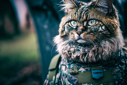 Military cat with camo, copyspace. Generative AI