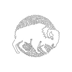 Continuous curve one line drawing of standing bison abstract art in circle. Single line editable stroke vector illustration of bison unruly mammal for logo, wall decor and poster print decoration