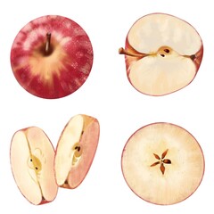 Apple red whole halves with seeds and slices set on a white background, digital drawing.