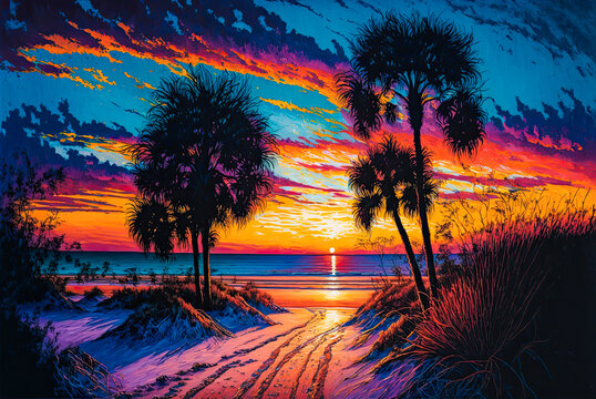 Florida beach at sunset with silhouette palm trees, acrylic painting. Generative AI