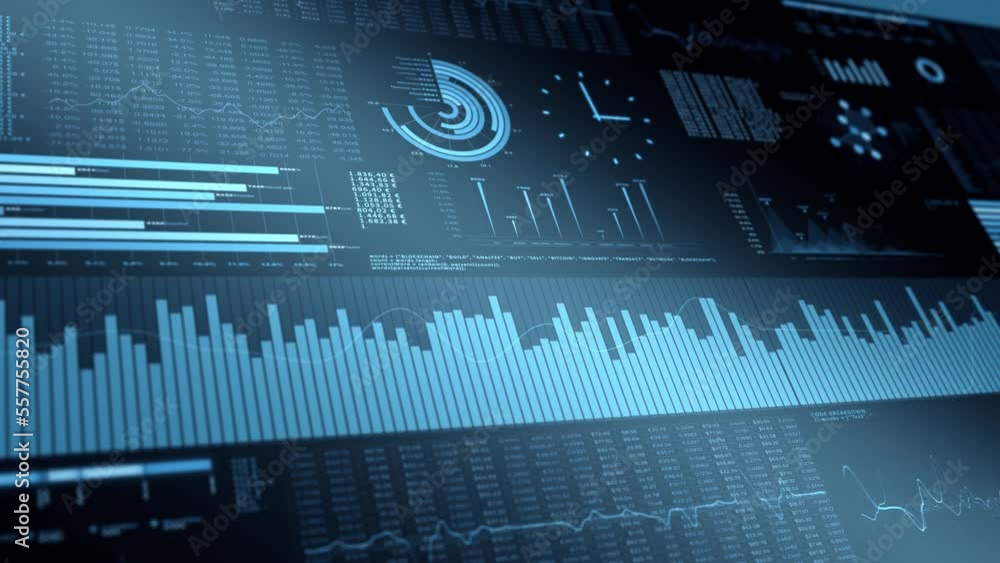 Poster seamless looping business stock infographic with animated graphs, charts and data numbers. dark blue