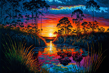 Fototapeta na wymiar Florida Everglades sunset, acrylic painting. Generative AI
