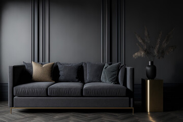 Gray and black living room hues. blank interior of a dark room. a minimalistic design. Sofa in graphite with beige herringbone trim. Generative AI